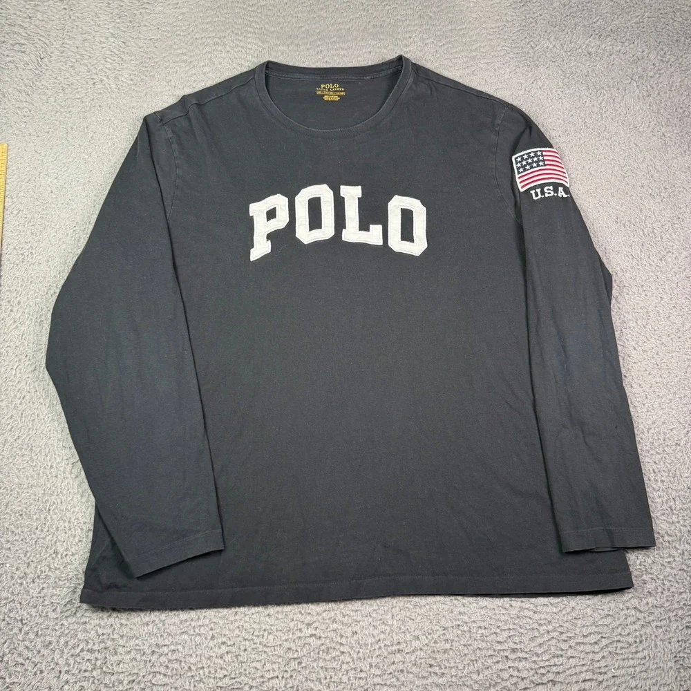 Polo Ralph Lauren T-Shirt Mens 2XL Black Long Sleeve USA Flag Patch Logo